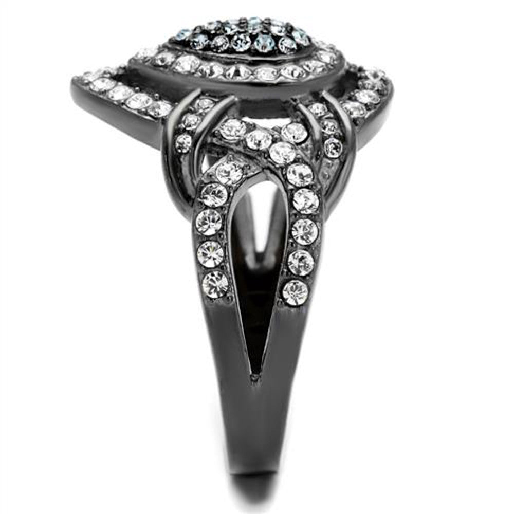 ARTK2679 Light Black Stainless Steel Clear & Aqua Crystal Cocktail Ring Women's Size 5-10